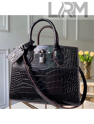 Louis Vuitton City Steamer PM Top Handle Bag in Glossy Crocodile Leather N92515 Black 2019