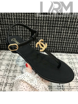 Chanel Lambskin Flat Thong Sandals with Metal CC Black 2021