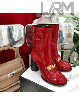 Gucci Patent Leather Heel Short Boots with CHain Charm Red 2020