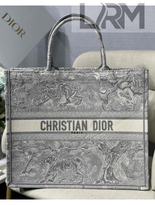 Dior Large Book Tote Bag in Grey Toile de Jouy Reverse Embroidery 2021