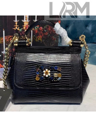 Dolce&Gabbana DG Sicily Mini Lizard Embossed Calfskin Top Handle Bag Black 2019