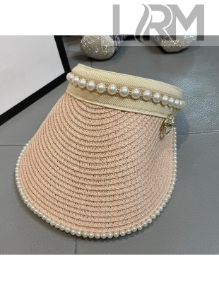 Chanel Straw Visor Hat with Pearl Beads Pink 2021
