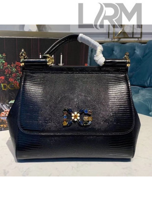 Dolce&Gabbana DG Sicily Medium Lizard Embossed Calfskin Top Handle Bag Black 2019
