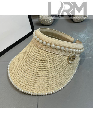 Chanel Straw Visor Hat with Pearl Beads Beige 2021