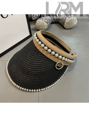 Chanel Straw Visor Hat with Pearl Beads Black 2021
