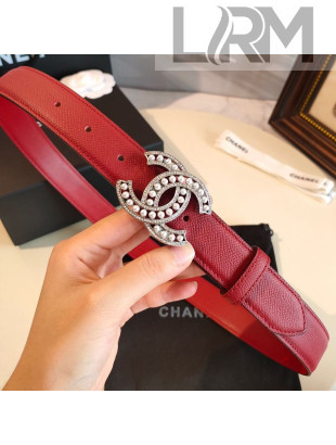 Chanel Grianed Calfskin Belt 30mm with Pearl CC Buckle Red 2019