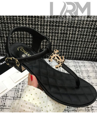 Chanel Calfskin Heel Thong Sandals with Chain Charm Black 2021