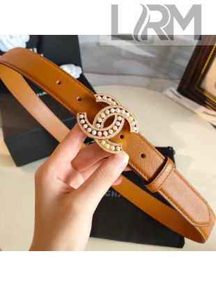 Chanel Grianed Calfskin Belt 30mm with Pearl CC Buckle Brown 2019