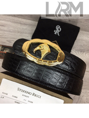 Stefano Ricci Crocodile Embossed Calfskin Belt with Logo Buckle 3.5cm Black/Gold 2021