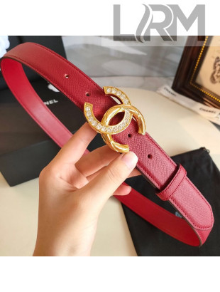 Chanel Grianed Calfskin Belt 30mm with Crystal Metal CC Buckle Red 2019
