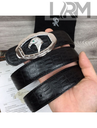 Stefano Ricci Crocodile Embossed Calfskin Belt with Logo Buckle 3.5cm Black/Silver 2021