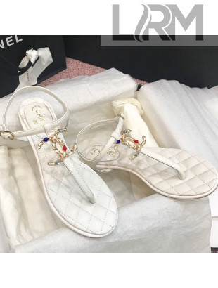 Chanel Lambskin Flat Thong Sandals with Stone CC White 2021
