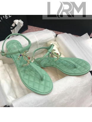 Chanel Lambskin Flat Thong Sandals with Stone CC Green 2021