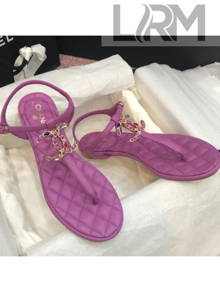 Chanel Lambskin Flat Thong Sandals with Stone CC Purple 2021