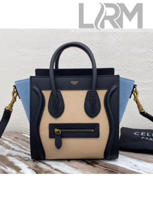 Celine Nano Luggage Handbag In Smooth/Grainy Calfskin Apricot/Black/Blue 2020