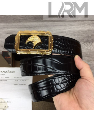 Stefano Ricci Shiny Crocodile Embossed Calfskin Belt 3.8cm with Eagle Buckle Black/Gold 2021