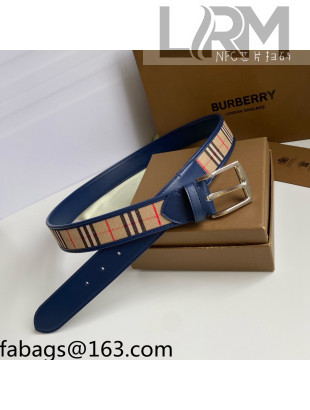 Burberry Check Canvas Belt 3.5cm Navy Blue Leather /Silver 2021 110621