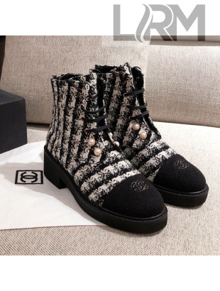 Chanel Tweed Short Ankle Boots with Pearls G33823 White/Black 2020