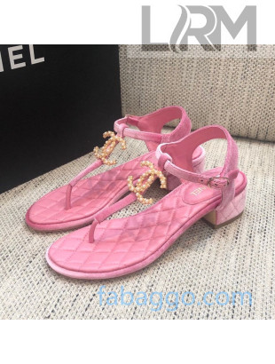 Chanel Quilted Lambskin Heel Thong Sandals G36402 Light Pink 2020