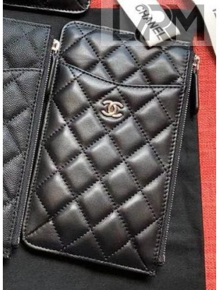 Chanel Quilted Lambskin Phone & Card Holder Wallet Black/Silver 2020