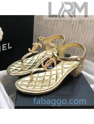 Chanel Laminated Lambskin Heel Thong Sandals G36402 Gold 2020