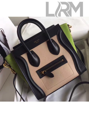 Celine Nano Luggage Handbag In Smooth/Grainy Calfskin Beige/Black/Green 2020