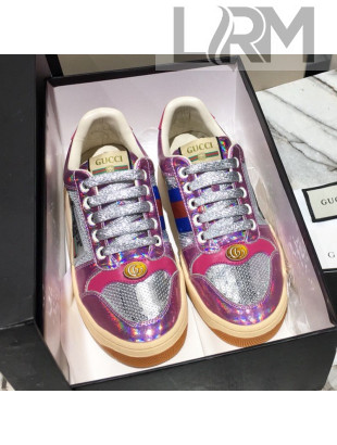 Gucci Screener Metallic Sneaker Silver/Pink 2019
