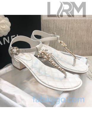 Chanel Lambskin Heel Thong Sandals with Chain Charm White 2020
