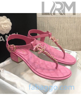 Chanel Lambskin Heel Thong Sandals with Chain Charm Pink 2020