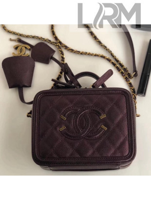Chanel CC Filigree Mini Vanity Case Bag in Grained Metallic Burgundy Lambskin A93342 2018