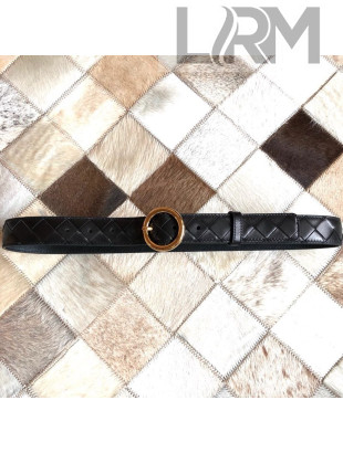 Bottega Veneta Woven Lambskin Belt 30mm with Circle Buckle Black 2019