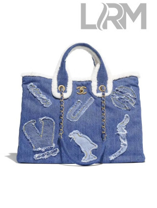 Chanel Cotton and Shearling Sheepskin Shopping Bag AS0759 Blue 2019