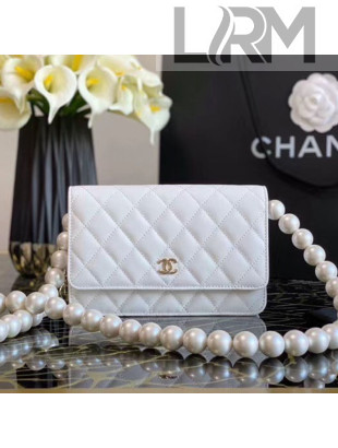 Chanel Quilted Calfskin Wallet on Chain WOC with Pearl Strap White 2020