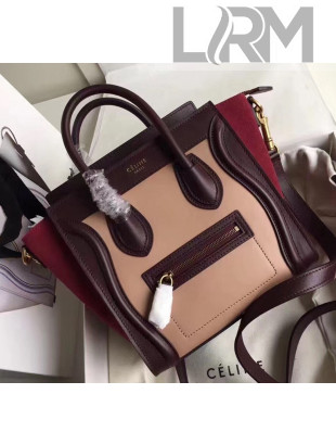 Celine Nano Luggage Handbag In Smooth Calfskin Apricot/Burgundy/Red 2020