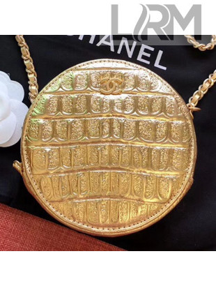 Chanel Metallic Crocodile Embossed Calfskin Round Classic Clutch with Chain AP0366 Gold 2019