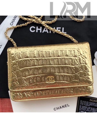 Chanel Metallic Crocodile Embossed Calfskin Classic Wallet on Chain WOC A33814 Gold 2019