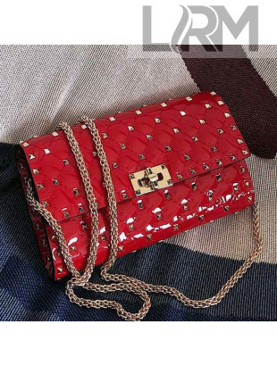 Valentino Rockstud Spike Chain Clutch Crossbody Bag in Patent Calfskin Leather Red 2019