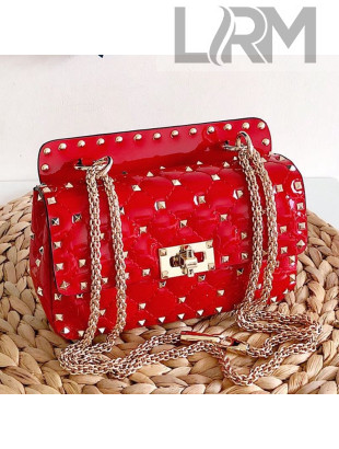 Valentino Small Rockstud Spike Handle Shoulder Bag in Patent Soft Lambskin Leather Red 2019