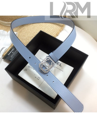 Chanel Leather Belt 30mm with Framed Crystal CC Buckle Blue 2020