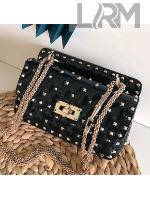 Valentino Small Rockstud Spike Handle Shoulder Bag in Patent Soft Lambskin Leather Black 2019