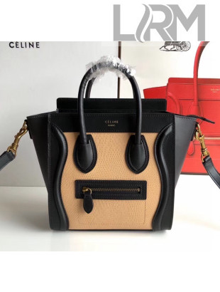 Celine Nano Luggage Handbag In Smooth/Lizard Pattern Calfskin Apricot/Black 2020