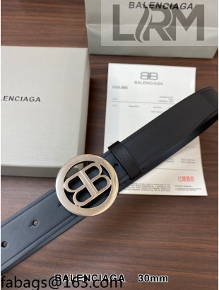 Balenciaga Reversible Calfskin Belt 3cm with Circle BB Buckle Black/Aged Silver 2021