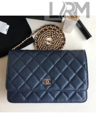 Chanel Quilting Grained Calfskin Wallet on Chain WOC Bag Navy Blue (Gold-tone Metal)