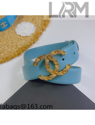 Chanel Calf Leather Belt 3cm with Metallic CC Buckle Blue 2021 110828