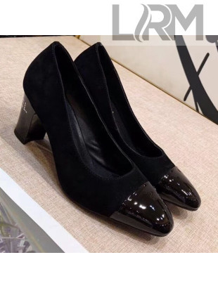 Chanel Suede and Patent Leather Mid-Heel Pumps Black 2019