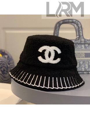 Chanel Shearling Wool Bucket Hat with Stripes Embroidered Black 2020