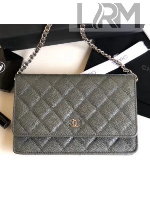 Chanel Quilting Grained Calfskin Wallet on Chain WOC Bag Grey (Silver-tone Metal)