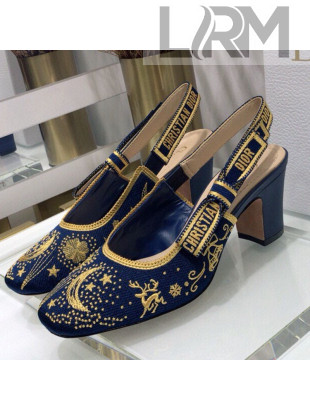Dior x Moi Slingback Pumps 6.5cm in Navy Blue Star Embroidered Cotton 2021