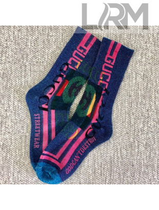 Gucci Stripes and Web GG Print Socks Navy Blue/Pink 2019