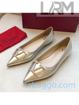 Valentino Crystal VLogo Metallic Leather Flat Ballerinas Gold 2020